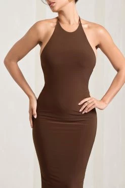 Kirsten | Chocolate Sleeveless Halter-Neck Open-Back Knot Maxi Dress -Dress Shop WB HR CL128993067 KirstenChocolateSleevelessHalter NeckOpen BackKnotMaxiDress4