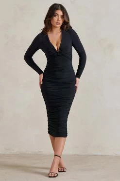 Dress Shop 57 Renee | Black Plunge Twist Neckline Long Sleeve Ruched Midi Dress