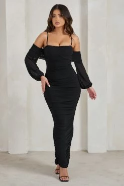 Announcement | Black Bardot Mesh Ruched Maxi Dress -Dress Shop WB HR CL129305 AnnouncementBlackBardotMeshRuchedMidaxiDress0