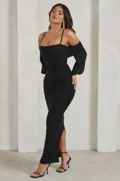 Announcement | Black Bardot Mesh Ruched Maxi Dress -Dress Shop WB HR CL129305 AnnouncementBlackBardotMeshRuchedMidaxiDress3
