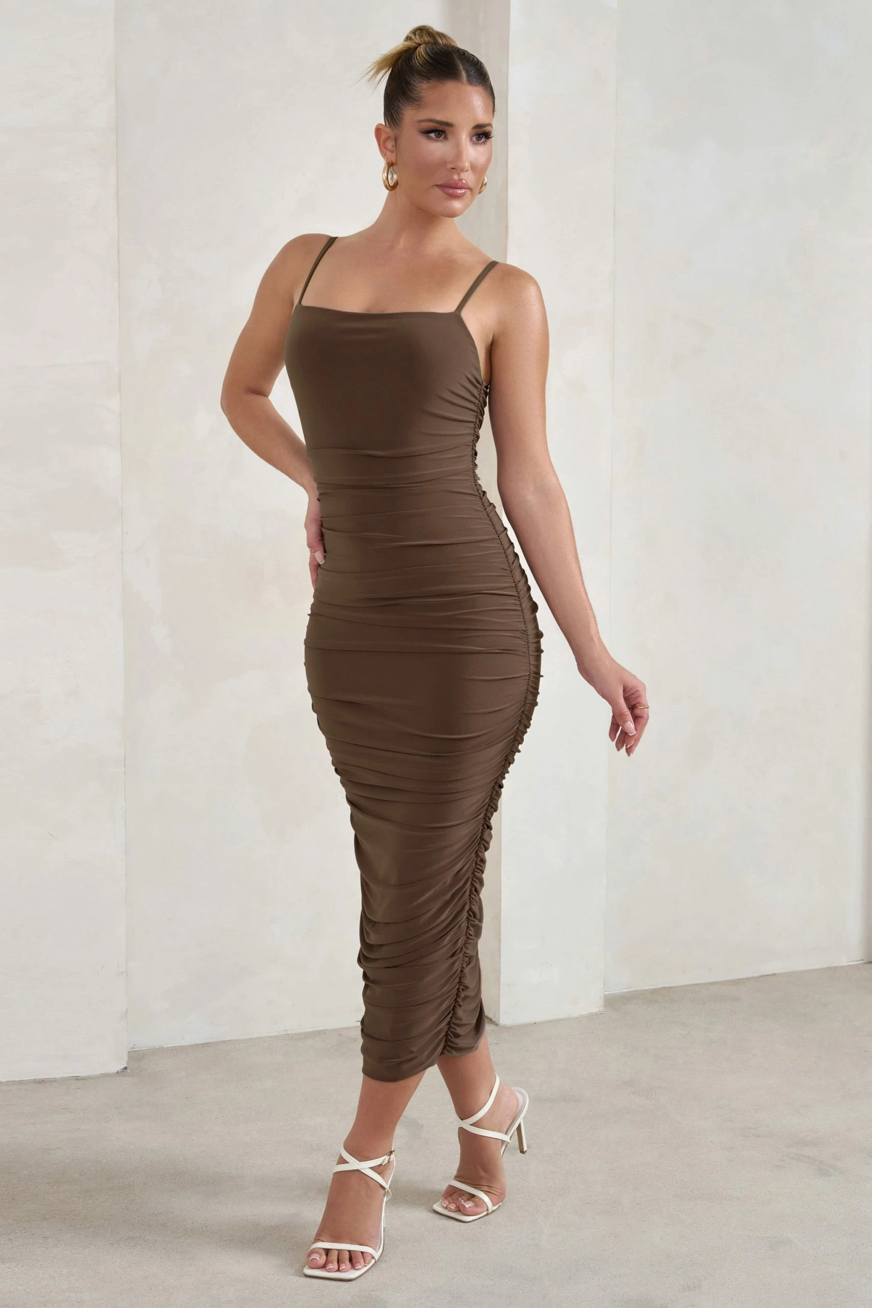 Saffy | Brown Cami Mesh Ruched Midi Dress 3 Saffy | Brown Cami Mesh Ruched Midi Dress
