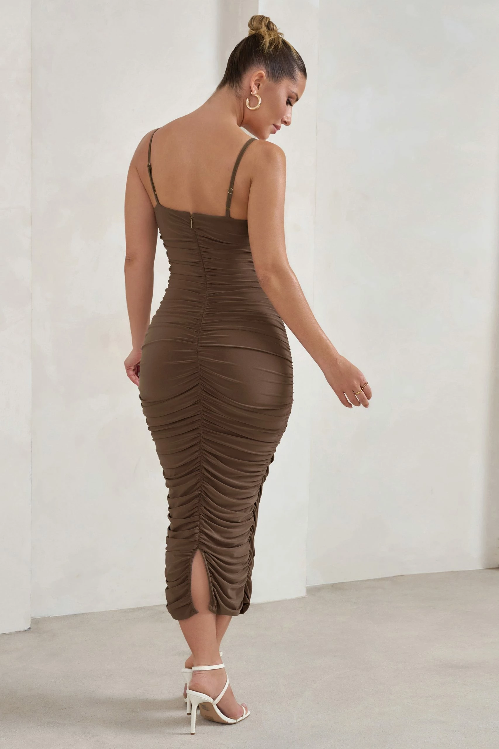 Saffy | Brown Cami Mesh Ruched Midi Dress 4 Saffy | Brown Cami Mesh Ruched Midi Dress - Image 2