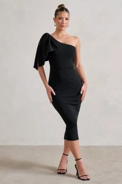 Samantha | Black One Shoulder Bow Detail Midi Dress -Dress Shop WB HR CL129316 SamanthaBlackOneShoulderBowDetailMidiDress0