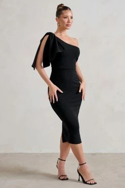 Samantha | Black One Shoulder Bow Detail Midi Dress -Dress Shop WB HR CL129316 SamanthaBlackOneShoulderBowDetailMidiDress4