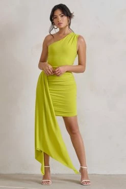 Charlie | Lime Green One Shoulder Ruched Mini Dress With Statement Drape 10 Charlie | Lime Green One Shoulder Ruched Mini Dress With Statement Drape -Dress Shop WB HR CL129320 CharlieLimeGreenOneShoulderRuchedMiniDressWithStatementDrape1