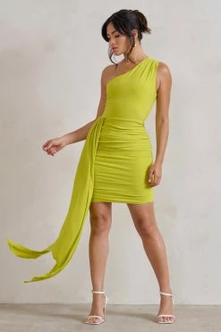 Charlie | Lime Green One Shoulder Ruched Mini Dress With Statement Drape 11 Charlie | Lime Green One Shoulder Ruched Mini Dress With Statement Drape -Dress Shop WB HR CL129320 CharlieLimeGreenOneShoulderRuchedMiniDressWithStatementDrape2