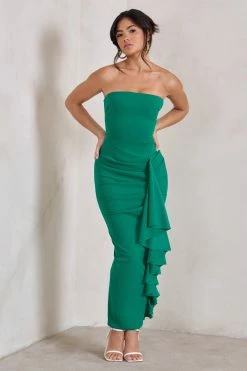 Fleur | Green Bandeau Ruffle Maxi Dress