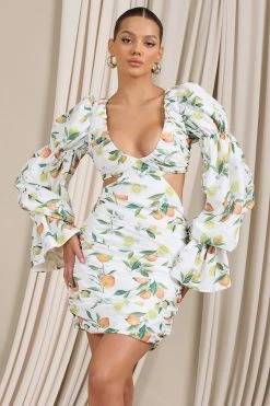 Limoncello | Lemon Print Ruched Cut-Out Mini Dress With Puff Sleeves -Dress Shop WB HR CL129411145 LimoncelloLemonPrintRuchedCut OutMidiDressWithPuffSleeves2