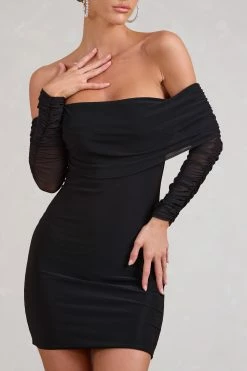 Minnie | Black Ruched Mesh Bardot Bodycon Mini Dress -Dress Shop WB HR CL129504002 MinnieBlackRuchedMeshBardotBodyconMiniDress4