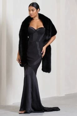 Custom | Black Satin Sweetheart Corset Fishtail Maxi Dress -Dress Shop WB HR CL129540002 SoftlyBlackFauxFurPull ThroughStoleScarf1