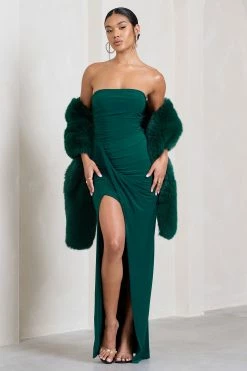 Paprika | Bottle Green Ruched Halter-Neck Bandeau Maxi Dress -Dress Shop WB HR CL129540047 SoftlyGreenFauxFurPull ThroughStoleScarf1