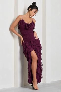Walks Alone | Burgundy Ruched Strappy Split Maxi Dress With Ruffles -Dress Shop WB HR CL129665069 WalksAloneBurgundyRuchedStrappySplitMaxiDressWithRuffles4