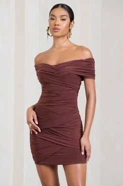 High Ground | Chocolate Brown Twisted Wrap Bardot Mini Dress -Dress Shop WB HR CL129670038 HighGroundChocolateBrownTwistedWrapBardotMiniDress1