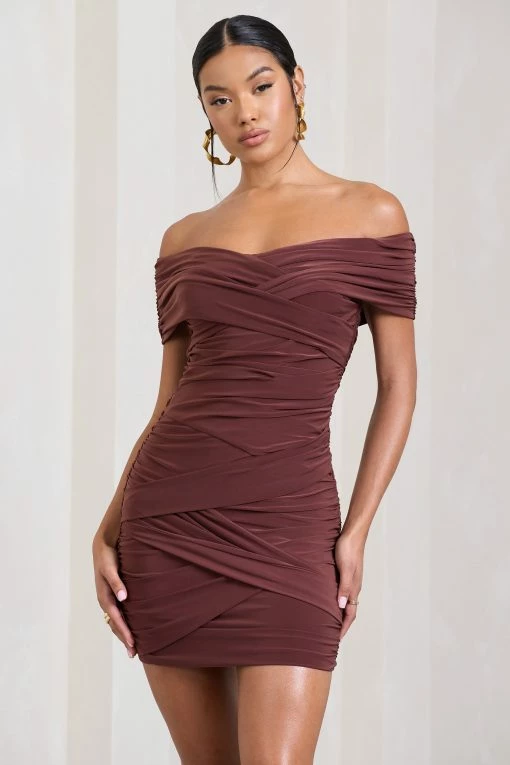 High Ground | Chocolate Brown Twisted Wrap Bardot Mini Dress 8 High Ground | Chocolate Brown Twisted Wrap Bardot Mini Dress -Dress Shop WB HR CL129670038 HighGroundChocolateBrownTwistedWrapBardotMiniDress2
