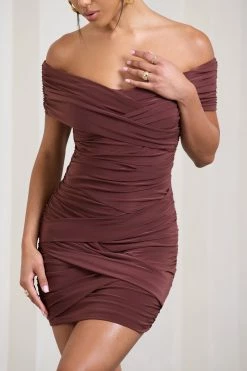 High Ground | Chocolate Brown Twisted Wrap Bardot Mini Dress -Dress Shop WB HR CL129670038 HighGroundChocolateBrownTwistedWrapBardotMiniDress3