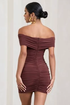 High Ground | Chocolate Brown Twisted Wrap Bardot Mini Dress -Dress Shop WB HR CL129670038 HighGroundChocolateBrownTwistedWrapBardotMiniDress4