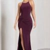 Stellar | Plum Halter-Neck Twisted Split Maxi Dress -Dress Shop WB HR CL129696069 StellarPlumHalter NeckTwistedSplitMaxiDress0