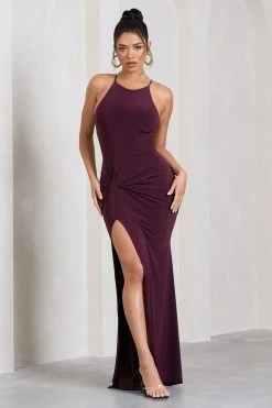 Stellar | Plum Halter-Neck Twisted Split Maxi Dress -Dress Shop WB HR CL129696069 StellarPlumHalter NeckTwistedSplitMaxiDress2