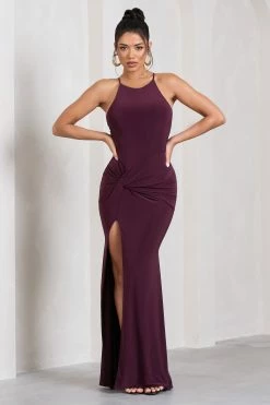 Stellar | Plum Halter-Neck Twisted Split Maxi Dress -Dress Shop WB HR CL129696069 StellarPlumHalter NeckTwistedSplitMaxiDress4