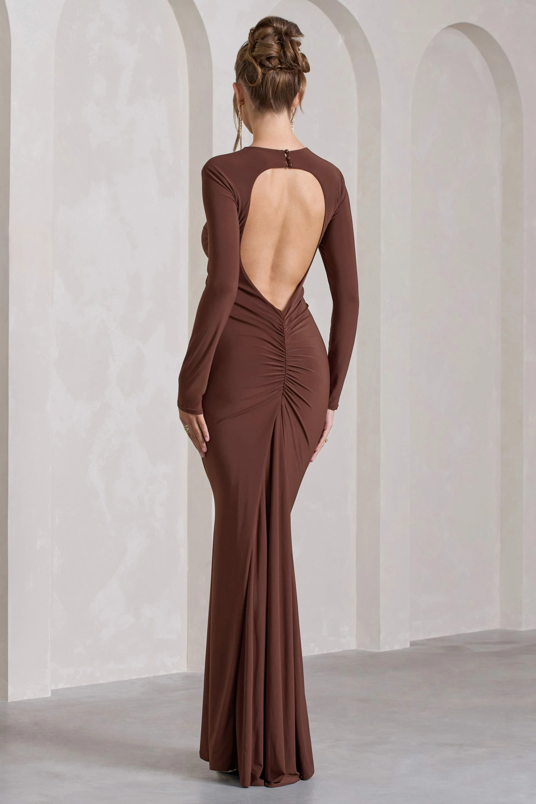 Starring | Chocolate Brown Long-Sleeve Backless Fishtail Maxi Dress 4 Starring | Chocolate Brown Long-Sleeve Backless Fishtail Maxi Dress - Image 2