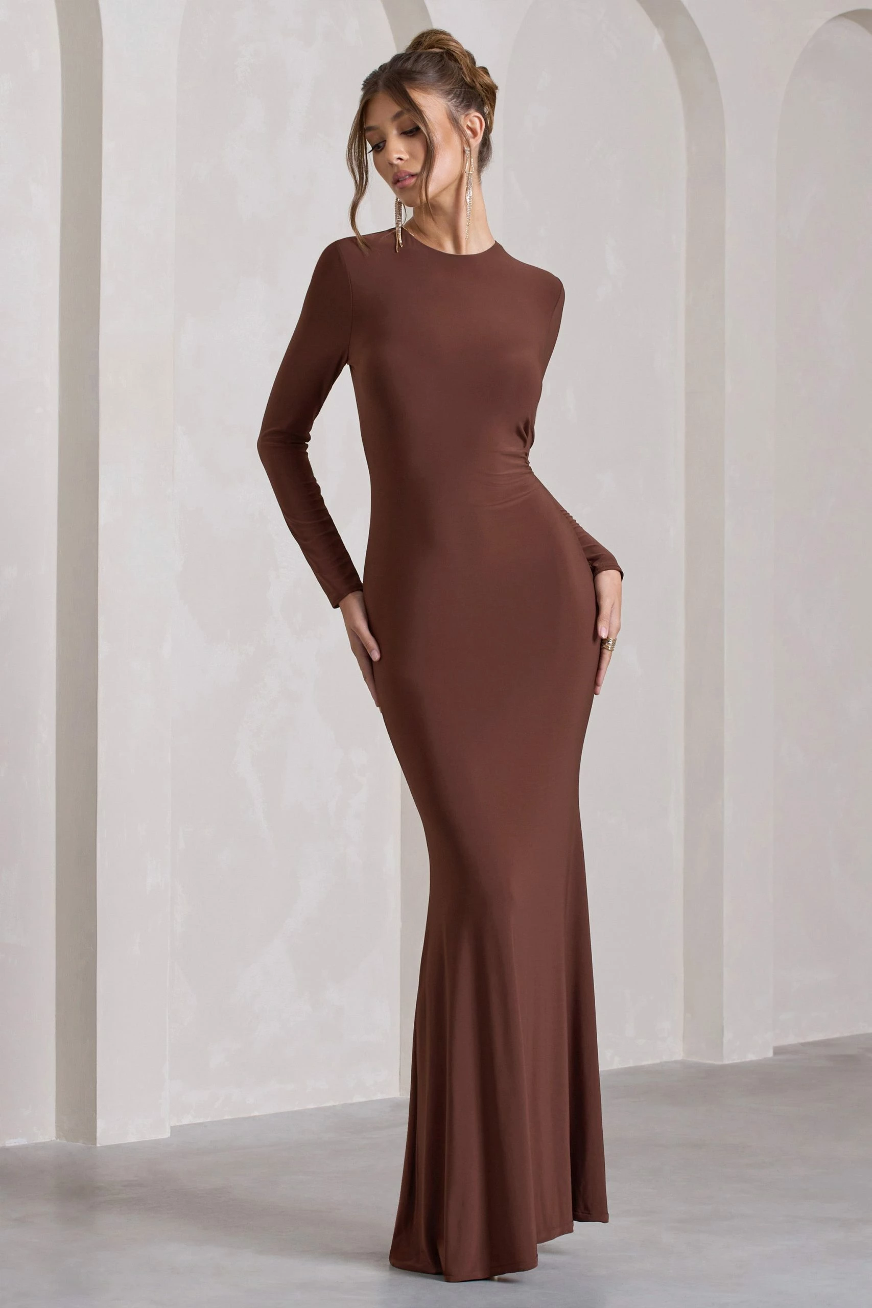 Starring | Chocolate Brown Long-Sleeve Backless Fishtail Maxi Dress 7 Starring | Chocolate Brown Long-Sleeve Backless Fishtail Maxi Dress - Image 5