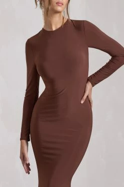 Starring | Chocolate Brown Long-Sleeve Backless Fishtail Maxi Dress 9 Starring | Chocolate Brown Long-Sleeve Backless Fishtail Maxi Dress -Dress Shop WB HR CL129776106 StarringChocolateBrownLong SleeveBacklessFishtailMaxiDress5