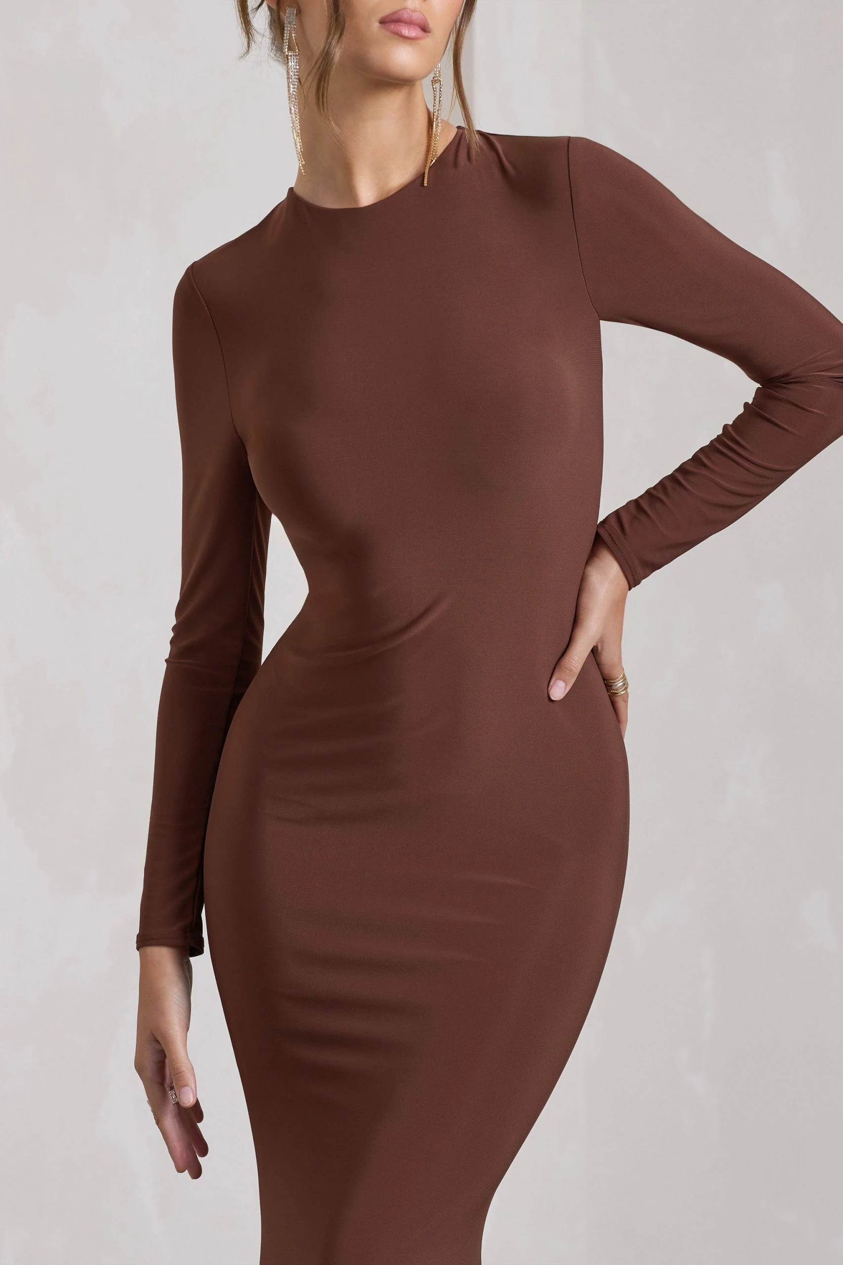 Starring | Chocolate Brown Long-Sleeve Backless Fishtail Maxi Dress 5 Starring | Chocolate Brown Long-Sleeve Backless Fishtail Maxi Dress - Image 3