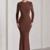 Starring | Chocolate Brown Long-Sleeve Backless Fishtail Maxi Dress