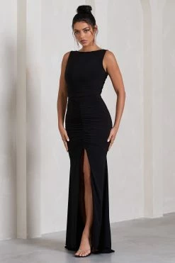 My Presence | Black Ruched Fishtail Split Maxi Dress -Dress Shop WB HR CL129780002 MyPresenceBlackRuchedFishtailSplitMaxiDress2