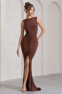 My Presence | Chocolate Brown Low-Back Fishtail Split Maxi Dress -Dress Shop WB HR CL129780106 MyPresenceChocolateBrownLow BackFishtailSplitMaxiDress1