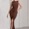 My Presence | Chocolate Brown Low-Back Fishtail Split Maxi Dress -Dress Shop WB HR CL129780106 MyPresenceChocolateBrownLow BackFishtailSplitMaxiDress2