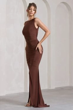 My Presence | Chocolate Brown Low-Back Fishtail Split Maxi Dress -Dress Shop WB HR CL129780106 MyPresenceChocolateBrownLow BackFishtailSplitMaxiDress5