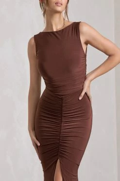 My Presence | Chocolate Brown Low-Back Fishtail Split Maxi Dress -Dress Shop WB HR CL129780106 MyPresenceChocolateBrownLow BackFishtailSplitMaxiDress7