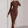 Katy | Chocolate Ruched Long-Sleeve Split Maxi Dress