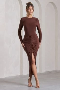 Katy | Chocolate Ruched Long-Sleeve Split Maxi Dress 10 Katy | Chocolate Ruched Long-Sleeve Split Maxi Dress -Dress Shop WB HR CL129795067 KatyChocolateRuchedLong SleeveSplitMaxiDressCHOCOLATE2