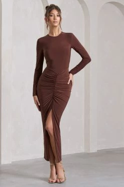 Katy | Chocolate Ruched Long-Sleeve Split Maxi Dress 11 Katy | Chocolate Ruched Long-Sleeve Split Maxi Dress -Dress Shop WB HR CL129795067 KatyChocolateRuchedLong SleeveSplitMaxiDressCHOCOLATE4