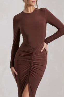 Katy | Chocolate Ruched Long-Sleeve Split Maxi Dress 9 Katy | Chocolate Ruched Long-Sleeve Split Maxi Dress -Dress Shop WB HR CL129795067 KatyChocolateRuchedLong SleeveSplitMaxiDressCHOCOLATE6
