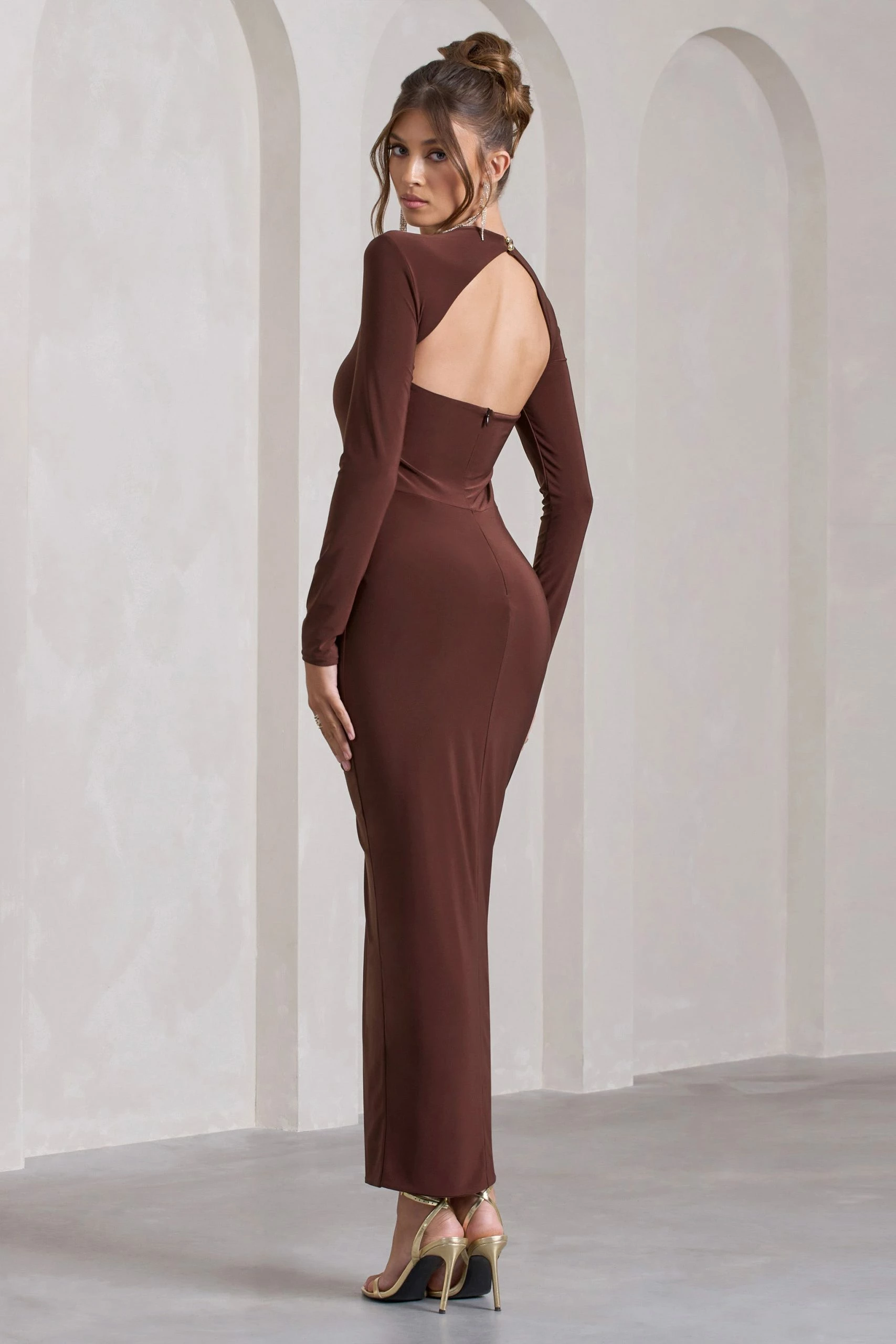 Katy | Chocolate Ruched Long-Sleeve Split Maxi Dress 4 Katy | Chocolate Ruched Long-Sleeve Split Maxi Dress - Image 2