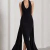 Veronica | Black Plunge Sleeveless Open-Back Maxi Dress With Drape Detail -Dress Shop WB HR CL130007002 VeronicaBlackPlungeSleevelessOpen BackMaxiDressWithScarfDetail0