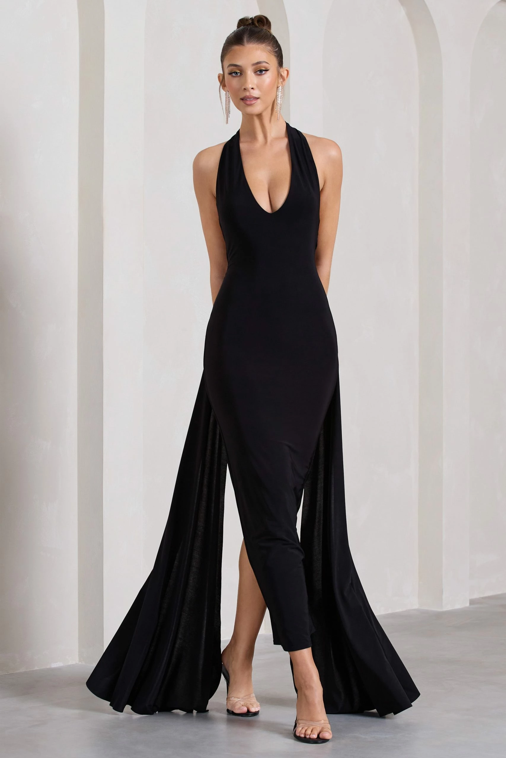 Veronica | Black Plunge Sleeveless Open-Back Maxi Dress With Drape Detail 3 Veronica | Black Plunge Sleeveless Open-Back Maxi Dress With Drape Detail