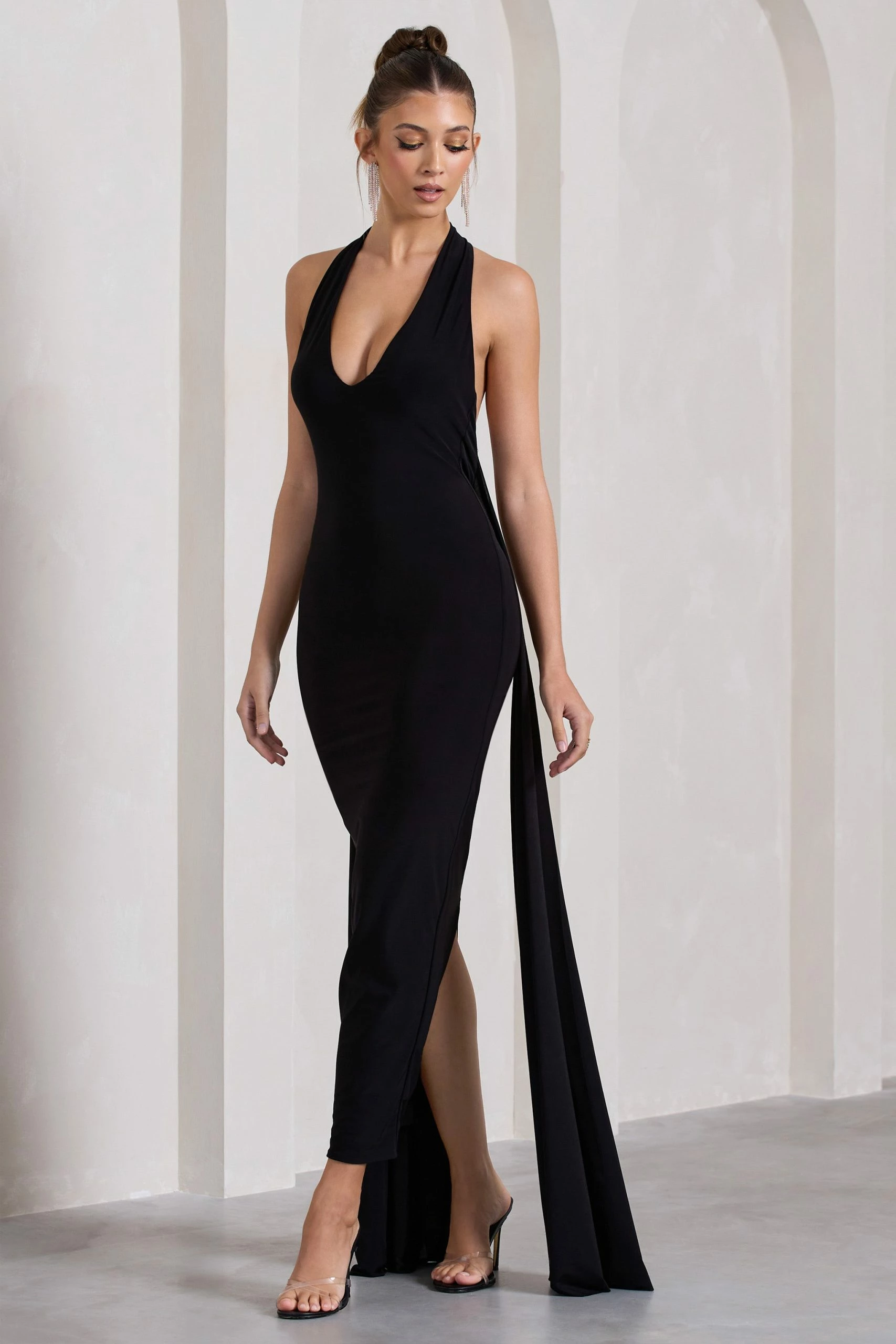 Veronica | Black Plunge Sleeveless Open-Back Maxi Dress With Drape Detail 7 Veronica | Black Plunge Sleeveless Open-Back Maxi Dress With Drape Detail - Image 5