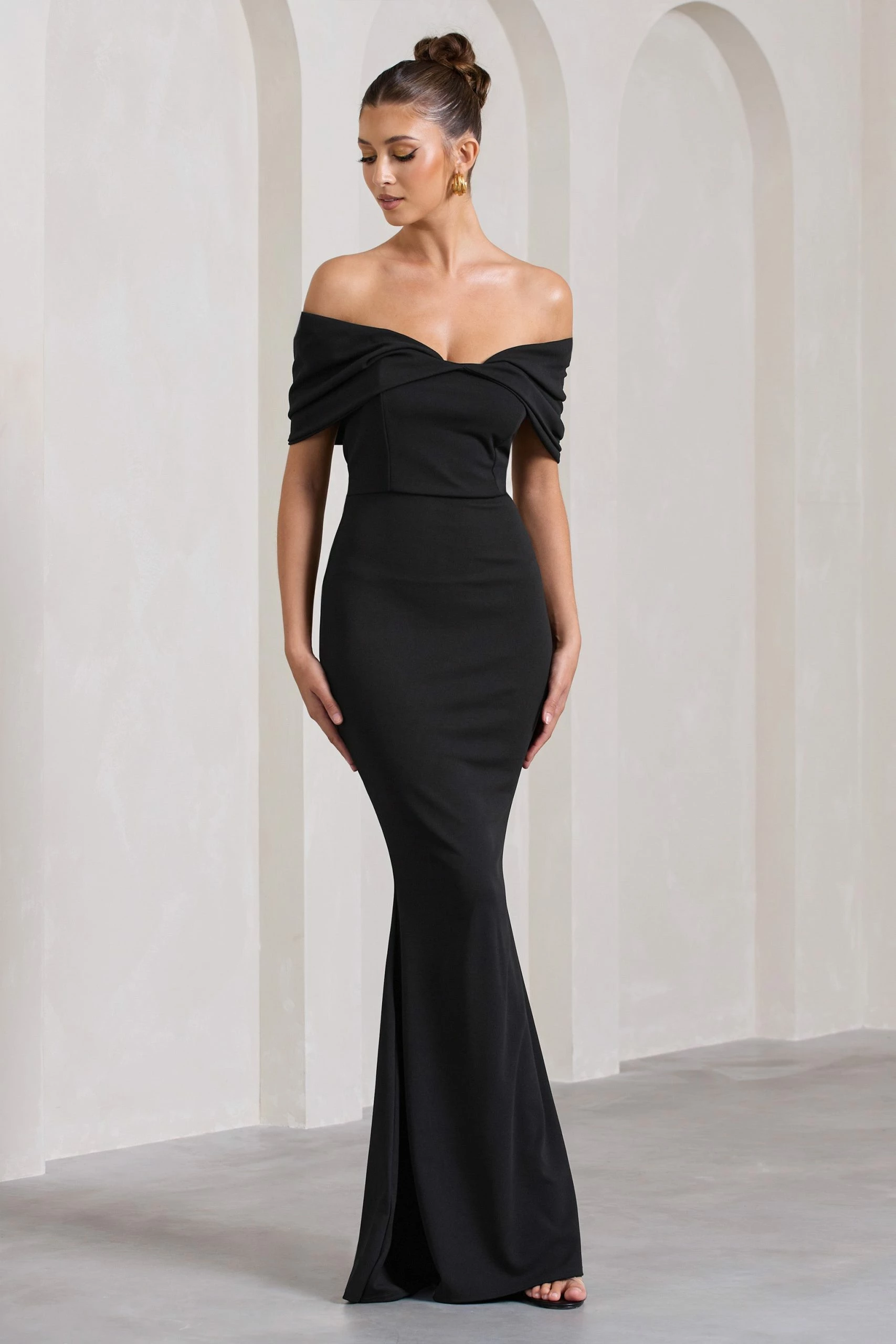 Dana | Black Bardot Maxi Dress With Short Gathered Sleeves 6 Dana | Black Bardot Maxi Dress With Short Gathered Sleeves - Image 4