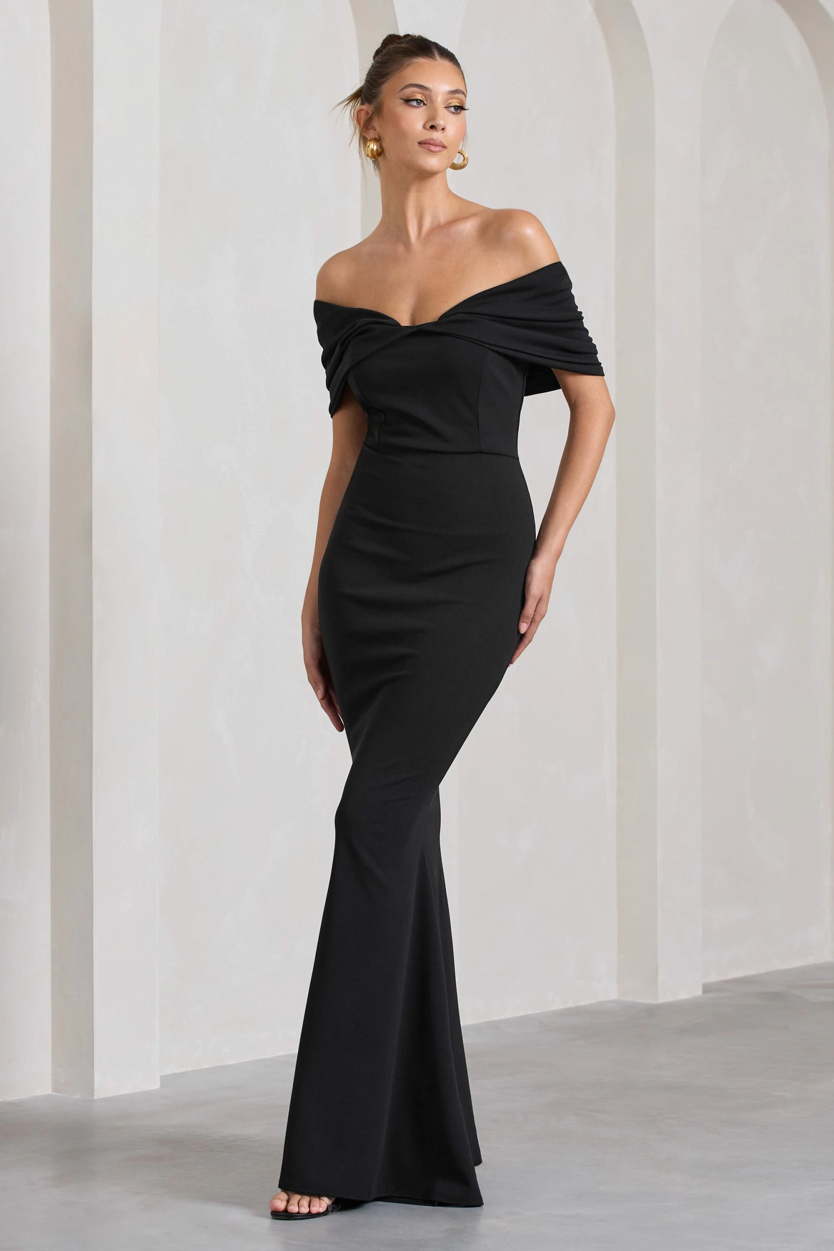 Dana | Black Bardot Maxi Dress With Short Gathered Sleeves 7 Dana | Black Bardot Maxi Dress With Short Gathered Sleeves - Image 5