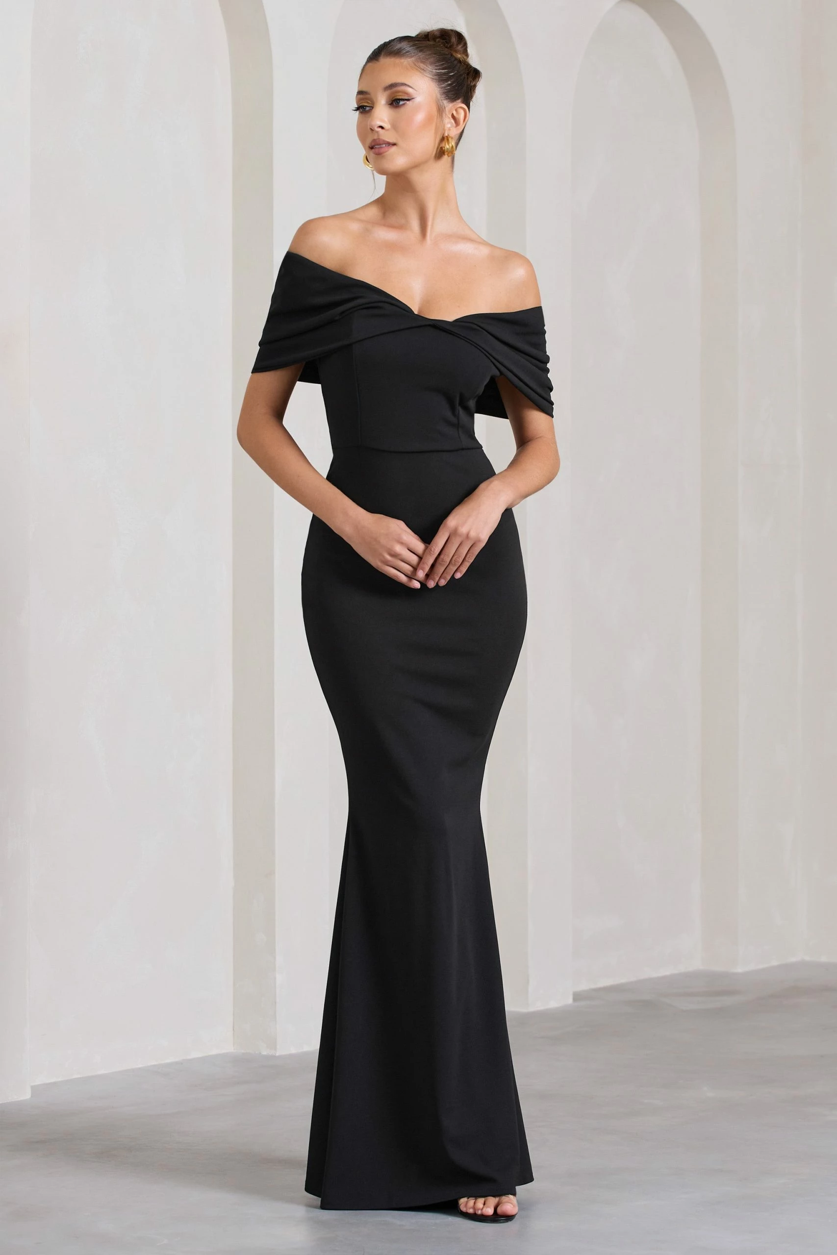Dana | Black Bardot Maxi Dress With Short Gathered Sleeves 3 Dana | Black Bardot Maxi Dress With Short Gathered Sleeves