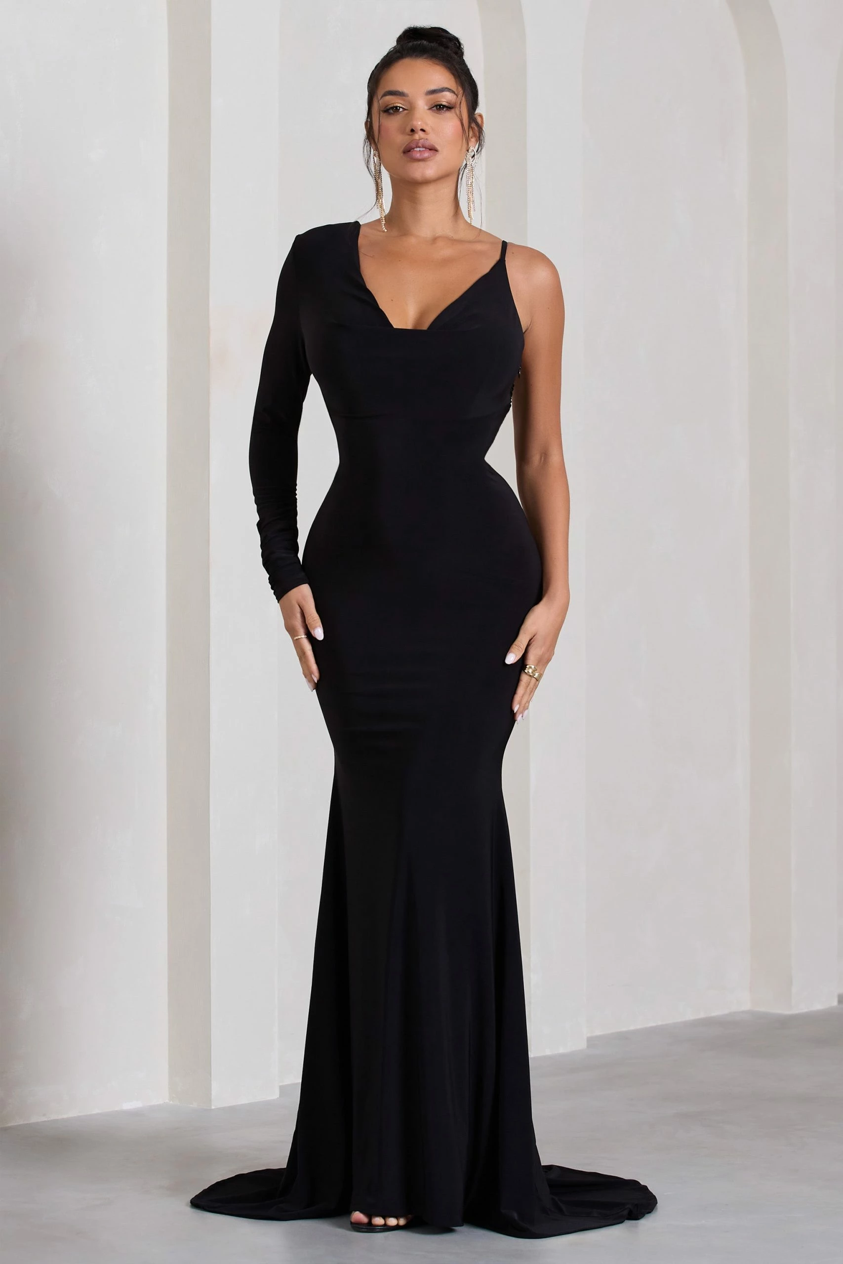 At Dusk | Black One-Sleeved Cowl-Neck Fishtail Maxi Dress 6 At Dusk | Black One-Sleeved Cowl-Neck Fishtail Maxi Dress - Image 4