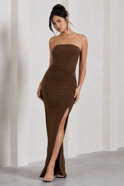Dawning | Chocolate Brown Bandeau Knotted Split Maxi Dress -Dress Shop WB HR CL130025167 DawningChocolateBrownBandeauSplitMaxiDressWithKnotDetail3