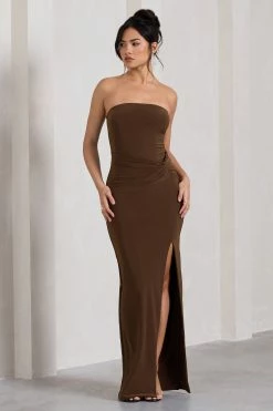Dawning | Chocolate Brown Bandeau Knotted Split Maxi Dress -Dress Shop WB HR CL130025167 DawningChocolateBrownBandeauSplitMaxiDressWithKnotDetail5