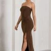 Dawning | Chocolate Brown Bandeau Knotted Split Maxi Dress -Dress Shop WB HR CL130025167 DawningChocolateBrownBandeauSplitMaxiDressWithKnotDetail6