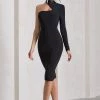 Liz | Black Asymmetric Halter-Neck Open-Back Midi Dress With Sash -Dress Shop WB HR CL130071002 Liz BlackAsymmetricHalter NeckOpen BackMidiDressWithSashBLACK3