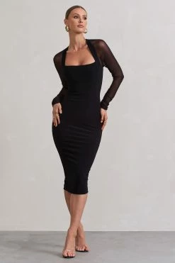 Off Track | Black Bodycon Midi Dress With Sheer Sleeves -Dress Shop WB HR CL131062002 OffTrackBlackBodyconMidiDressWithSheerSleeves0